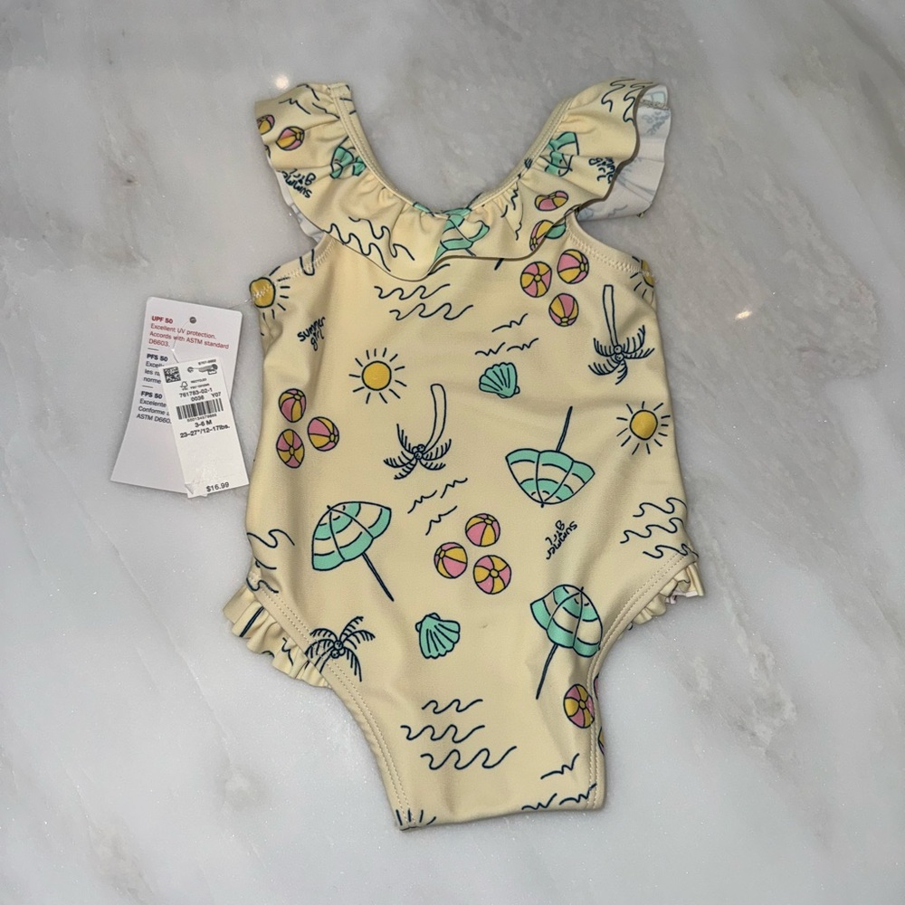 Printed Beach Scene Ruffle Baby Swimsuit